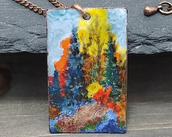 Enamel Landscape Pendant: Copper Northern Fall Woods Necklace