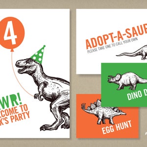 May include: A dinosaur-themed birthday party invitation with a green, orange, and white color scheme. The invitation features a cartoon dinosaur wearing a party hat and holding a balloon that says "4". The text "RAWR! Welcome to Max's Party" is also included. The invitation also includes three smaller cards with different dinosaur activities: "Adopt-A-Saur", "Dino Dig", and "Egg Hunt".