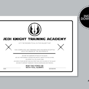 Star Wars Jedi Knight Training Academy Certificate/Award