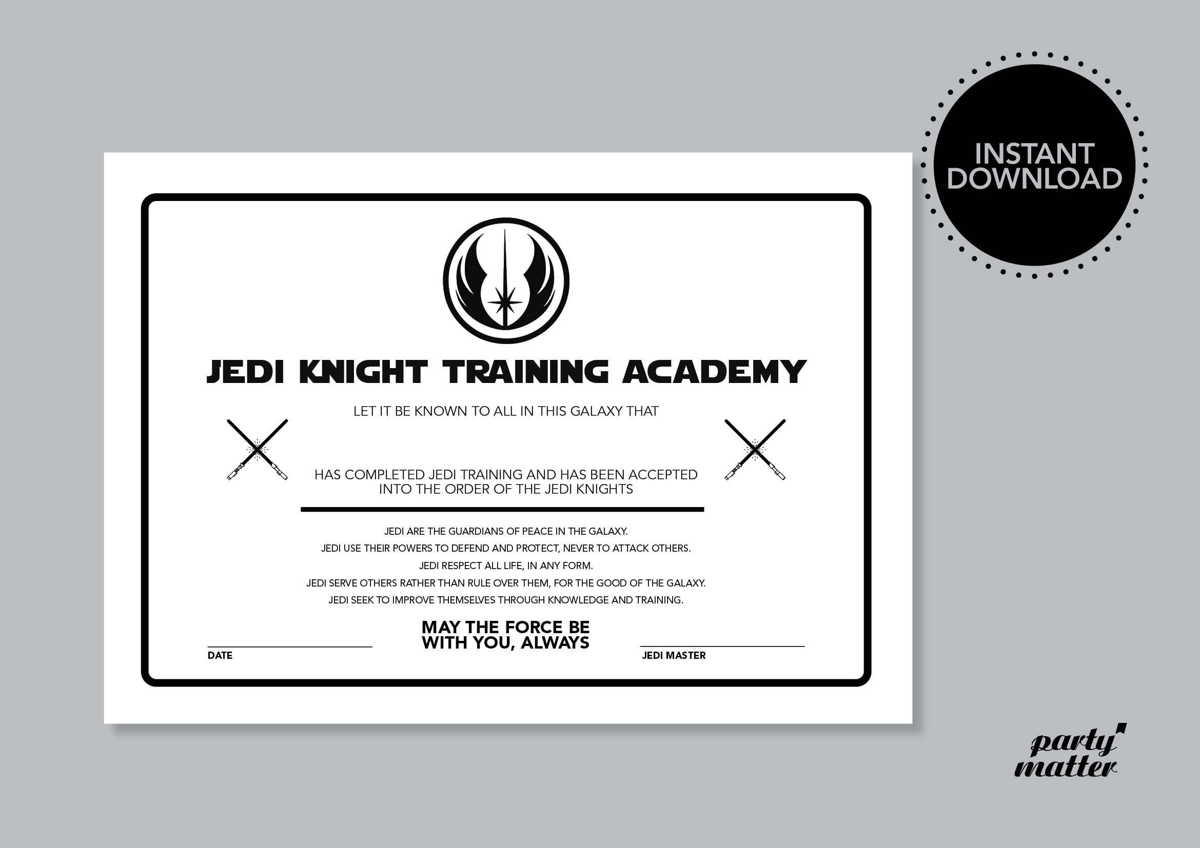 Star Wars Jedi Knight Training Academy Certificate/Award