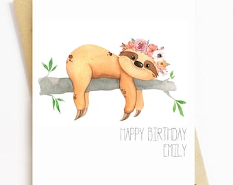 JE117 Personalised Cute Sloth Birthday Card