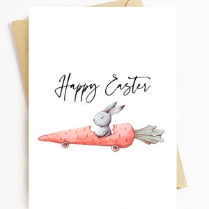 JE344 Happy Easter Card With Rabbit Driving Carrot image 1