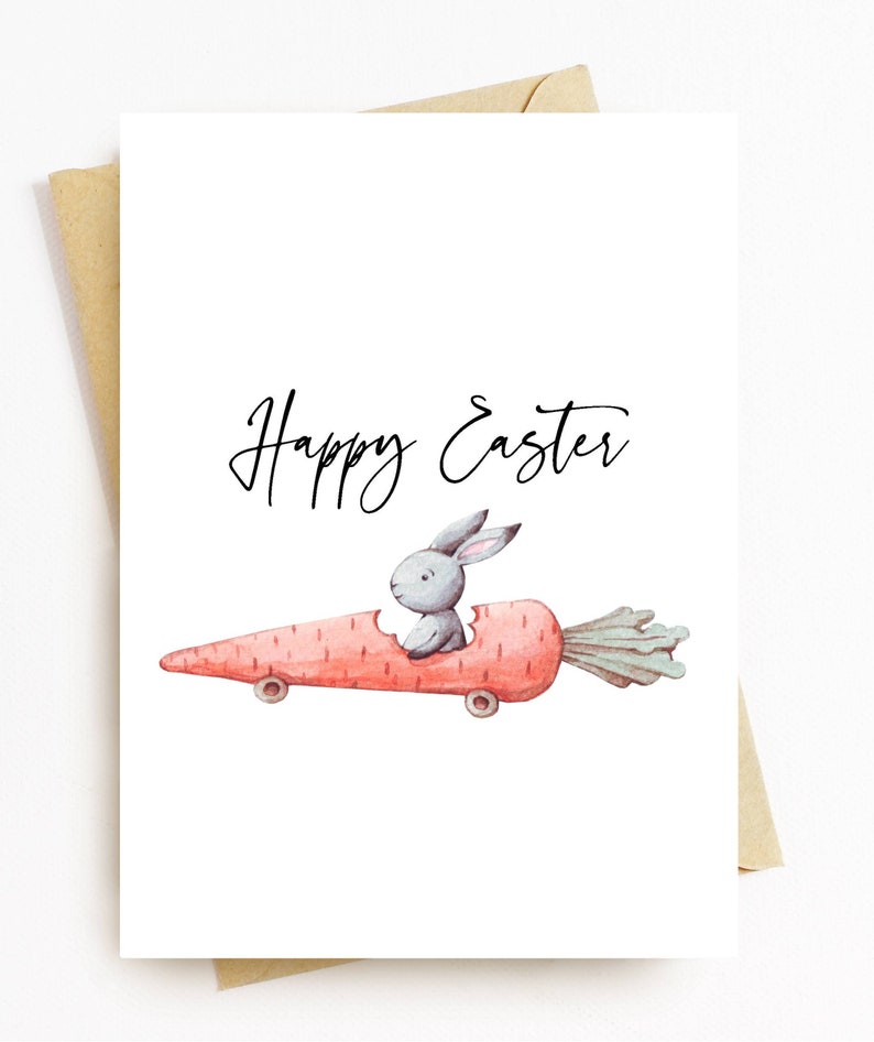 JE344 Happy Easter Card With Rabbit Driving Carrot image 1