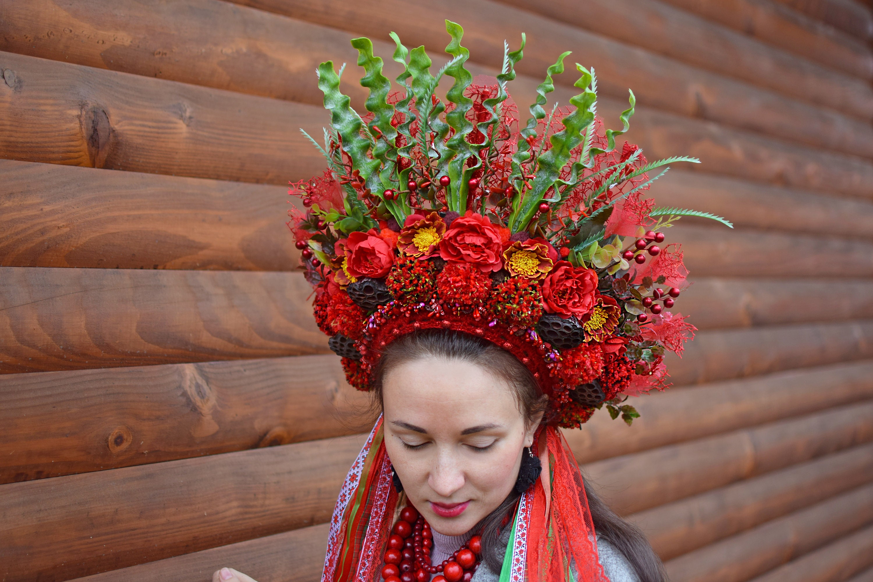 Ukrainian Flower Crown Red Pompoms Headpiece Photo Session Etsy