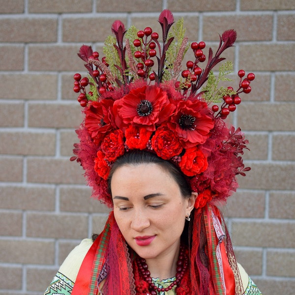 Ukrainian flower crown, Vinok, flower headpiece, Ukraine headwear, red headdress, Folk headdress , Ukrainian wreath, poppy flower crown