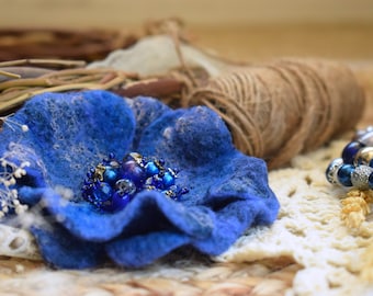 Felt brooch, blue felt flower, gift, unique present, wedding flower, blue wool flower, accessory, Ukrainian flower, piece of art, felting
