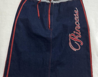 Vintage Y2K Erica Brooke Princess Denim Skirt 14 Plus Knit Drawstring Red Stripe