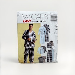 May include: A McCall's Easy Endless Options sewing pattern envelope, number 4244, featuring illustrations of lounge wear including a robe, pajama top, and pants in black and white checkered patterns, with a person wearing the pajamas on the front.