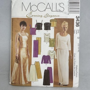 May include: McCall's Evening Elegance sewing pattern. The pattern features designs for evening wear, including tops, skirts, and dresses. The cover displays illustrations of the finished garments, with the size indicated as D (12-14-16).