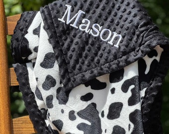 Couverture Minky personnalisée à motif vache | Bordure de style cadre | Broderie | Vache Minky | Cadeau baby shower | Câliner Minky sur Minky