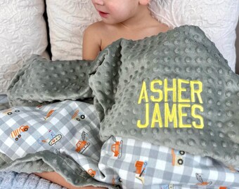 Personalized Dump Truck Newborn blanket | Frame Style Border | Construction lTractor Excavator Theme Blanket l Personal Baby Shower Gift