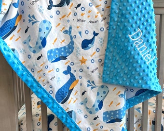 Personalized Whale Baby Blanket, Blue Soft Ocean Flannel Minky, Frame Style Border, Perfect Baby Shower Gift