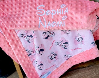 Personalized Minnie Mouse Blanket | Minnie Mouse | Frame Style Border | Embroidery | Baby Shower Gift | Soft Blanket | Disney Cotton & Minky