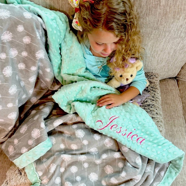 Personalized Dandelion Minky Blanket | Frame Style Border | Embroidery | Grey Dandelion Minky | Baby Shower Gift | Cuddle Minky on Minky