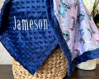 Personalized Stitch Blanket | Frame Style Border | Embroidery | Baby Shower Gift | Cotton & Minky | Lilo and Stitch | Leaf Stitch Birthday