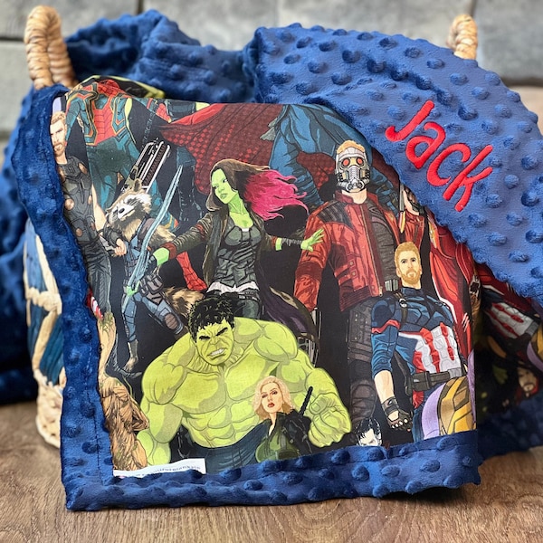 Personalized Avengers Blanket | Frame Style Border | Embroidery Spiderman Man Hulk Thor Gamore Groot | Disney Cotton/Minky|Marvel Characters