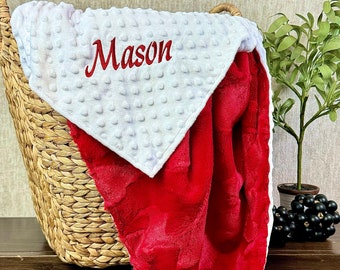 Personalized Red & White Blanket | Embroidery | Baby Blanket | Shower Gift l Toddler Blanket l Soft Hide l You Select the Dotted Minky Color