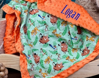 Personalized Lion King Baby Blanket | Frame Style Border | Embroidery | Pumba Timon Simba | Baby Shower Gift | Disney Cotton and Minky