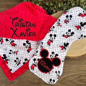Personalized Mickey Mouse Gift Set Blanket and Burp Cloth | Cotton and Minky | Mickey Pattern | Baby Shower Gift | Contoured Burp Cloth
