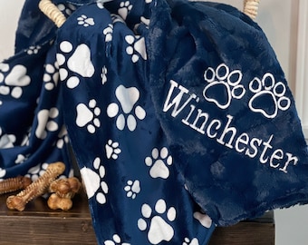 Personalized Dog Blanket | Blue Paw Print Pattern | Dog Print Blanket | Scent Blanket | Dog Hide Blanket Gift| Soft Puppy Pet Gifts