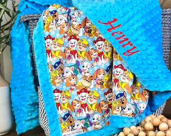 Personalized Paw Patrol Blanket | Frame Style Border | Embroidery Gift | Chase Rocky Marshall Zuma Skye | Baby Shower Gift | Cotton & Minky