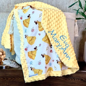 Disney Beauty and the Beast Blanket | Frame Style Border | Embroidery | Baby Shower Gift | Belle Dance Cotton Print & Minky