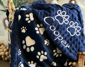 Personalized Dog Blanket Frame Style Border |Blue Paw Print Pattern |Dog Blanket |Scent Blanket |Dog Minky Blanket Gift|Pet Owner Gifts