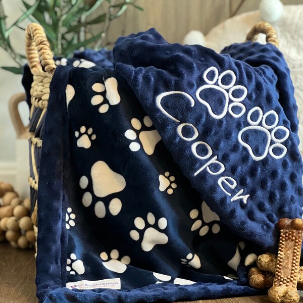 Personalized Dog Blanket Frame Style Border |Blue Paw Print Pattern |Dog Blanket |Scent Blanket |Dog Minky Blanket Gift|Pet Owner Gifts