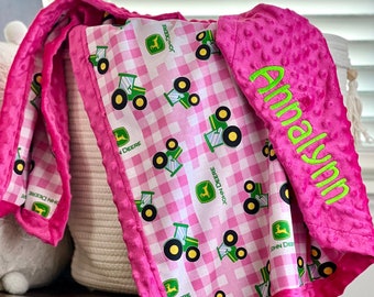 Personalized John Deere Pink Plaid Tractor Blanket | Frame Style Border | Birthday Gift | Embroidery | Baby Shower Gift | Cotton & Minky