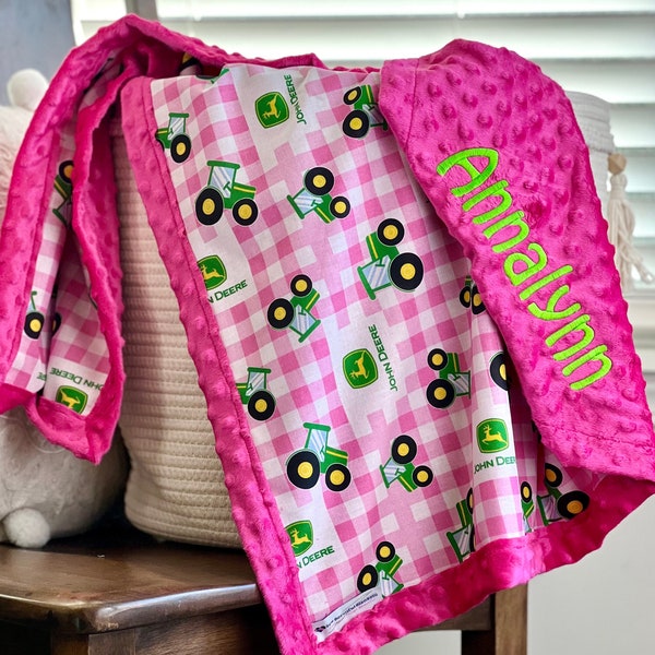 Personalized John Deere Pink Plaid Tractor Blanket | Frame Style Border | Birthday Gift | Embroidery | Baby Shower Gift | Cotton & Minky