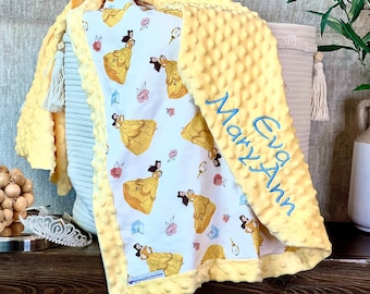 Disney Beauty and the Beast Blanket | Frame Style Border | Embroidery | Baby Shower Gift | Belle Dance Cotton Print & Minky