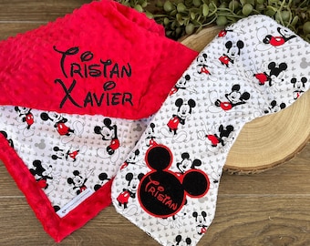 Personalized Mickey Mouse Gift Set Blanket and Burp Cloth | Cotton and Minky | Mickey Pattern | Baby Shower Gift | Contoured Burp Cloth