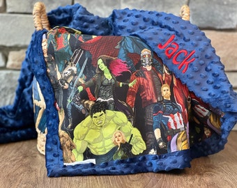 Personalized Avengers Blanket | Frame Style Border | Embroidery Spiderman Man Hulk Thor Gamore Groot | Disney Cotton/Minky|Marvel Characters
