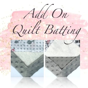 May include: Add On Quilt Batting. Two close-up images of quilt batting with a gray minky fabric on the bottom and a white batting layer on top. The left image shows a gray minky fabric with a white batting layer on top. The right image shows a gray minky fabric with a white batting layer on top.
