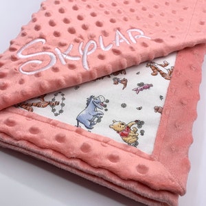 Personalized Winnie the Pooh Baby Blanket | Frame Style Border | Embroidery | Pooh and Friends | Baby Shower Gift | Disney Cotton and Minky