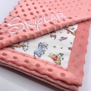 Personalized Winnie the Pooh Baby Blanket Frame Style Border Embroidery Pooh and Friends Baby Shower Gift Disney Cotton and Minky image 1