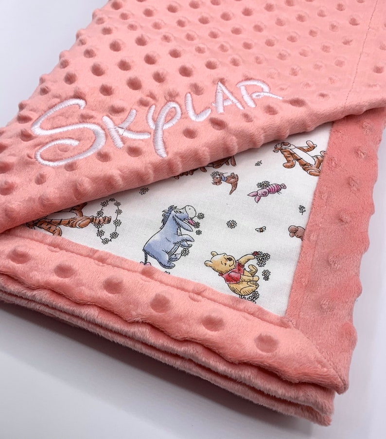 Personalized Winnie the Pooh Baby Blanket Frame Style Border Embroidery Pooh and Friends Baby Shower Gift Disney Cotton and Minky image 1