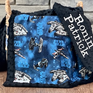 Personalized Star Wars Baby Blanket | Frame Style Border | Child Baby Gift | Embroidery | Star Wars Ship | Disney Cotton and Minky Blanket