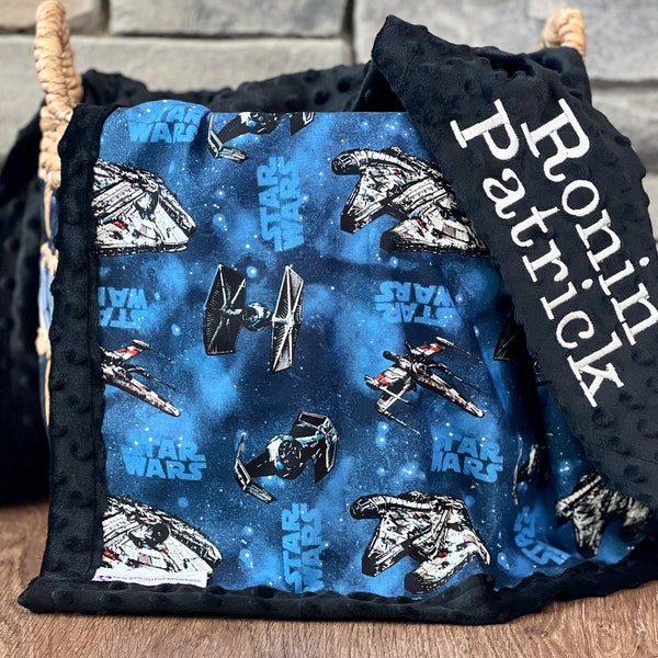 Manta de bebé personalizada de Star Wars / Bordado estilo marco / Regalo para bebé / Bordado / Barco de Star Wars / Manta de algodón y Minky de Disney