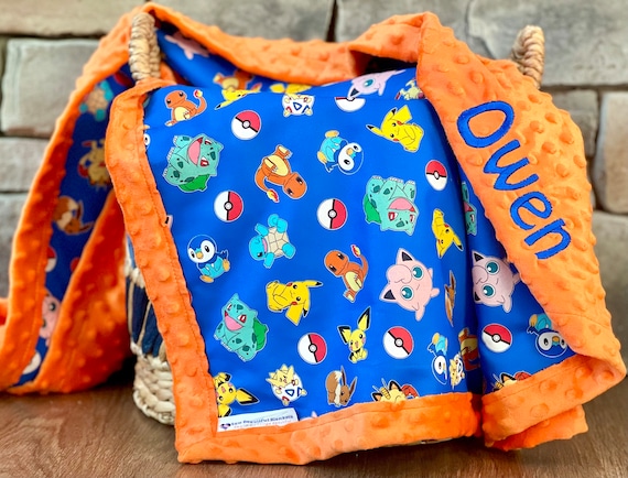 Personalized Pokemon Baby Blanket | Frame Style Border | Cotton and Minky | Embroidery | Pokemon Pattern | Bordered Baby Child Blanket