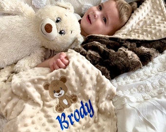 Embroidered Baby Bear Blanket, Teddy Bear Blanket, Brown Bear