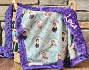 Personalized Frozen Blanket | Frame Style Border | Embroidery | Cotton and Minky Blanket | Disney Anna and Elsa | Disney Frozen | Bedding