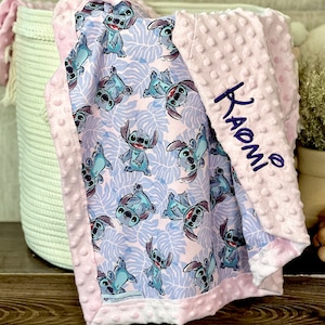 Personalized Stitch Blanket Frame Style Border Embroidery Baby Shower Gift Cotton & Minky Lilo and Stitch Leaf Stitch Birthday image 1