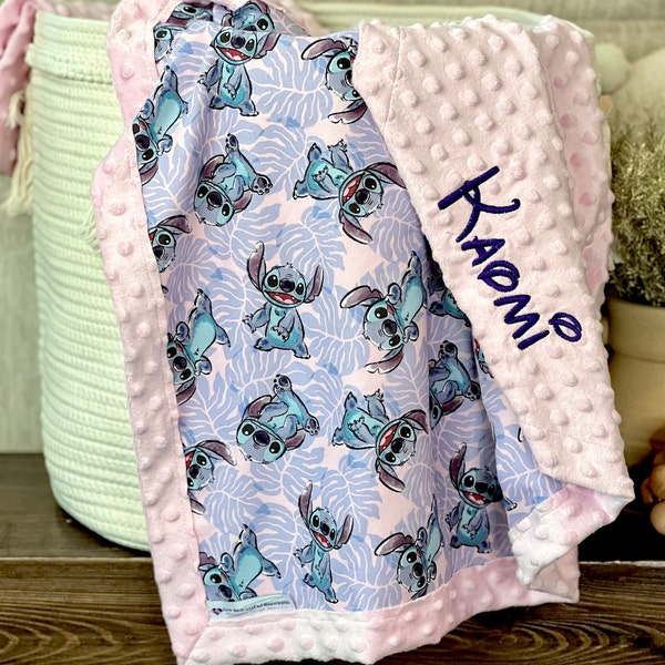 Personalized Stitch Blanket | Frame Style Border | Embroidery | Baby Shower Gift | Cotton & Minky | Lilo and Stitch | Leaf Stitch Birthday
