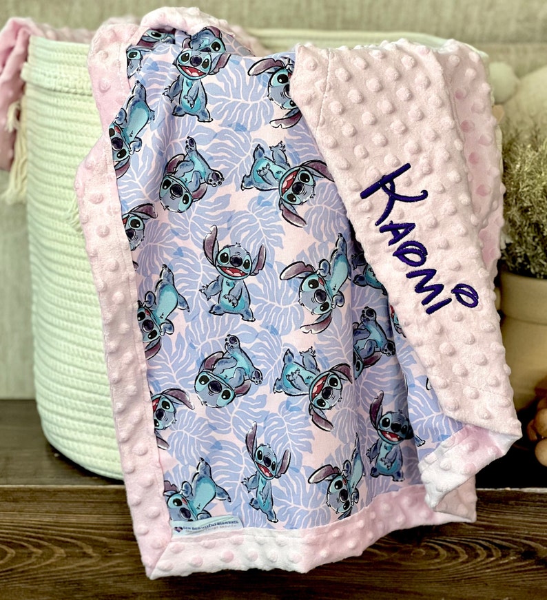 Personalized Stitch Blanket Frame Style Border Embroidery Baby Shower Gift Cotton & Minky Lilo and Stitch Leaf Stitch Birthday image 1