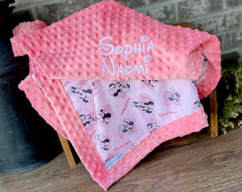 Personalised fleece baby blanket with Minnie Mouse optional contrast edging 
