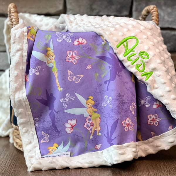Personalized Tinkerbell Blanket | Frame Style Border | Gift | Embroidery | Tinker Bell | Baby Shower Gift | Disney Cotton & Minky Blanket