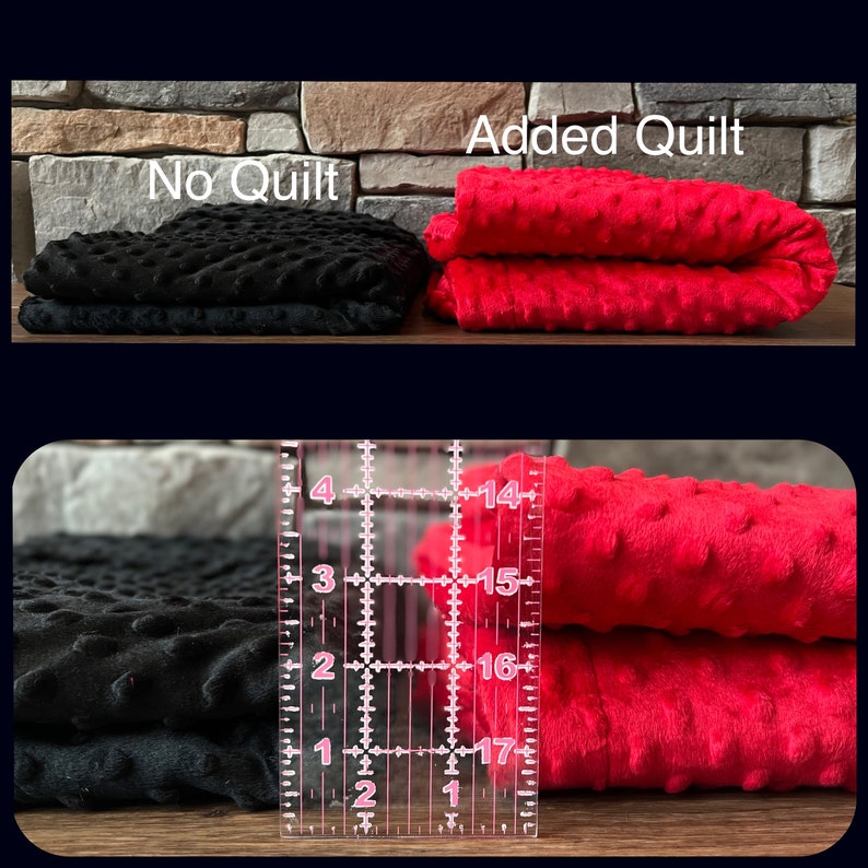 May include: Close-up of two pieces of fabric, one black and one red, with a ruler measuring the red fabric at 17 inches. The text "No Quilt" is above the black fabric and "Added Quilt" is above the red fabric.