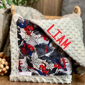 May include: A gray and white minky baby blanket with a Spiderman print on one side and the name "Liam" embroidered on the other side.