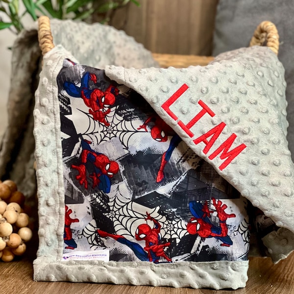 Personalized Spider-Man Baby Blanket | Frame Style Border | Baby Gift | Embroidery | Spider-man Marvel | Disney Cotton and Minky Blanket